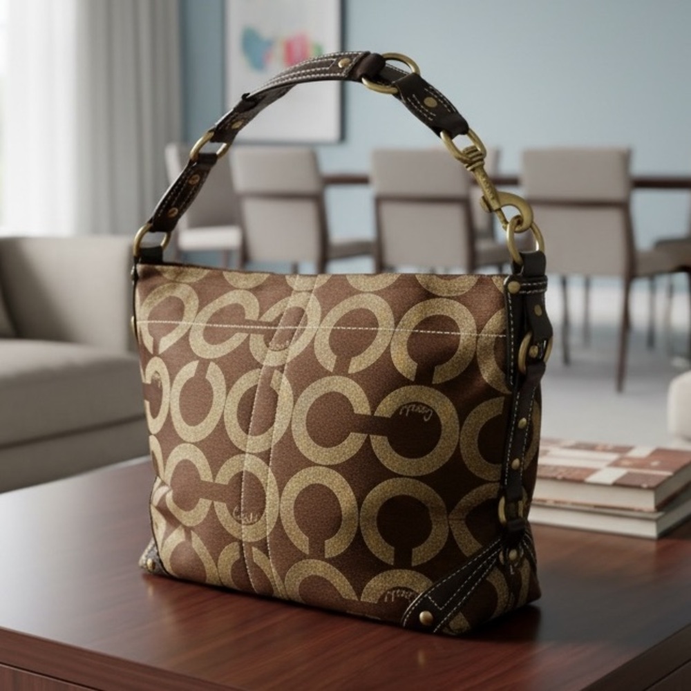 Vintage Signature Brown Shoulder Bag Gold Hardware Y2K